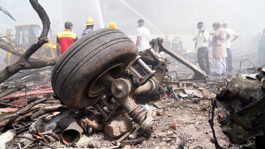 Aircraft landing gear at the crash site of Air India Ltd. flight AI171 in Ahmedabad, Gujarat, India, on Thursday, June 12, 2025.