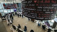 Market indicators are displayed on digital screen at the Euronext trading exchange building in La Defense business district, west of Paris, on April 7, 2025. A global stock market rout deepened on April 7 and fears of recession rose after China retaliated against the US president’s tariffs and Europe calibrated its response to the escalating trade war. (Photo by Thomas SAMSON / AFP) (Photo by THOMAS SAMSON/AFP via Getty Images)