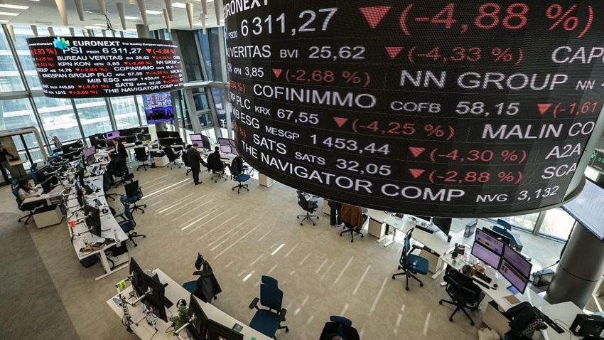 Market indicators are displayed on digital screen at the Euronext trading exchange building in La Defense business district, west of Paris, on April 7, 2025. A global stock market rout deepened on April 7 and fears of recession rose after China retaliated against the US president’s tariffs and Europe calibrated its response to the escalating trade war. (Photo by Thomas SAMSON / AFP) (Photo by THOMAS SAMSON/AFP via Getty Images)