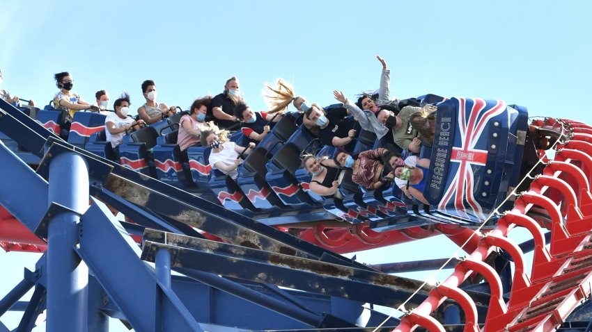 People ride on the Big One rollercoaster at Blackpool Pleasure Beach on July 31, 2020 in Blackpool, England.