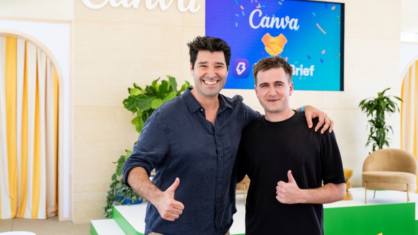 From left, Cliff Obrecht, Canva’s co-founder and chief operating officer, and George Howes, co-founder and CEO of MagicBrief, pose for a photo at the Cannes Lions festival in Cannes, France, in June 2025.