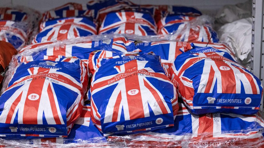 Bags of potatoes grown in the United Kingdom at the D & F McCarthy Ltd. fresh fruit and vegetable wholesaler in Norwich, UK, on Tuesday, Feb. 28, 2023. An acute shortage of salad items on UK supermarket shelves has sparked a political debate, with some people in the industry blaming Brexit while others say its a smokescreen for different problems. Photographer: Chris Ratcliffe/Bloomberg via Getty Images