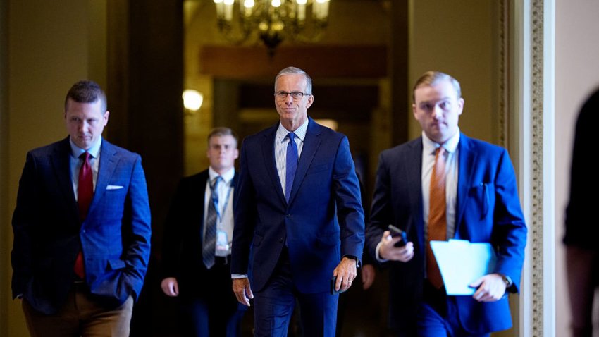 U.S. Senate Majority Leader Sen. John Thune (R-SD) (C) walks to the Senate floor at the U.S. Capitol Building on June 9, 2025 in Washington, DC. The Senate returns to Washington today to continue to discuss the Republican reconciliation bill known as the “One, Big, Beautiful Bill” Act.