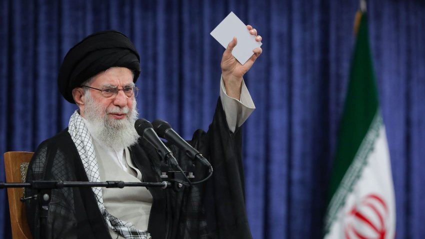 Iranian Supreme Leader Ayatollah Ali Khamenei makes the remarks during a ceremony marking the first anniversary of the death of former Iranian President Ebrahim Raisi, who died in a helicopter crash in northern Iran last year, in Tehran, Iran, on May 20, 2025.