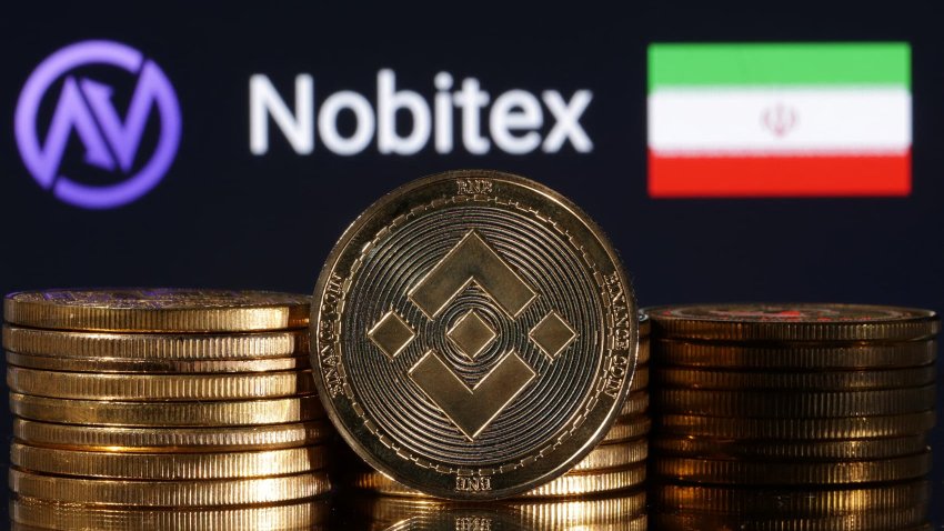 Representations of cryptocurrency Binance are seen in front of displayed Nobitex logo and Iran flag in this illustration taken November 3, 2022.