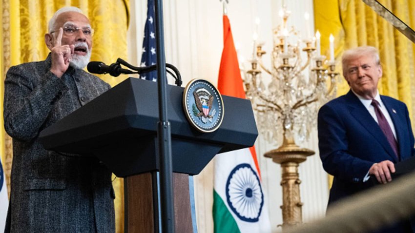 US President Donald Trump and Indian Prime Minister Narendra Modi hold a joint press conference in the East Room of the White House in Washington, DC, on February 13, 2025.