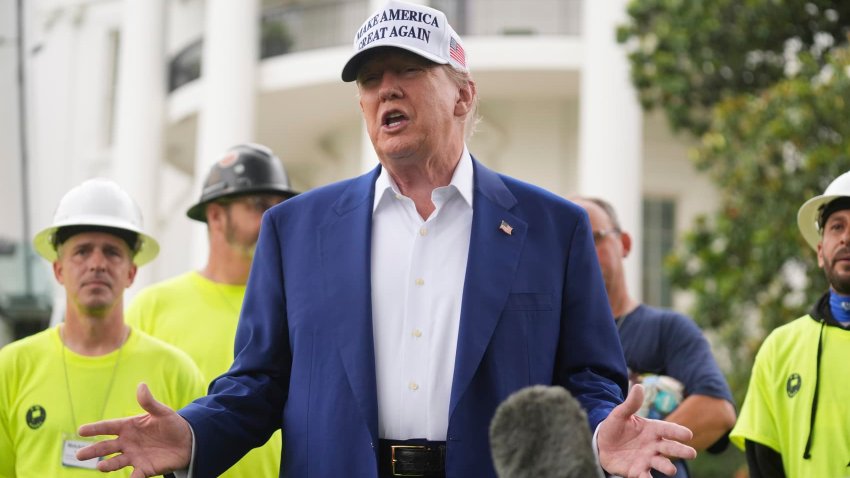 President Donald Trump speaks about a flag pole being installed on the South Lawn of the White House, Wednesday, June 18, 2025, in Washington.