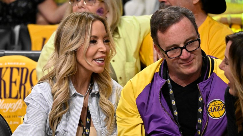 Owner Jeanie Buss of the Los Angeles Lakers and Jay Mohr prior to game one of a first round NBA basketball game between the Los Angeles Lakers and the Minnesota Timberwolves at Crypto.com Arena in Los Angeles on Saturday, April 19, 2025.