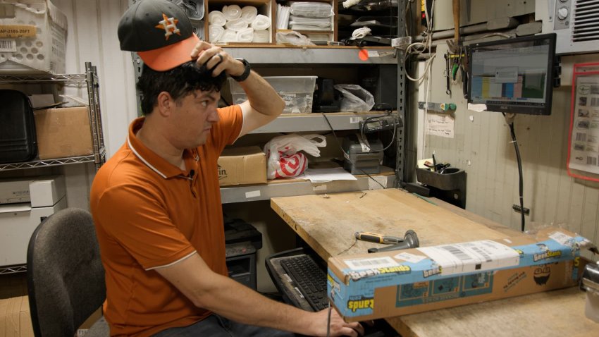 Mike Jelliff at his GeekStands warehouse in Tyler, Texas, on June 6, 2025. Jelliff sees three times more returns of his professional music gear on Amazon, compared to the average on other marketplaces like eBay and Walmart.