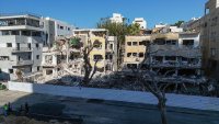 A general view of the partially collapsed buildings damaged by some of the ballistic missiles launched by Iran on June 18, 2025, in Tel Aviv, Israel.