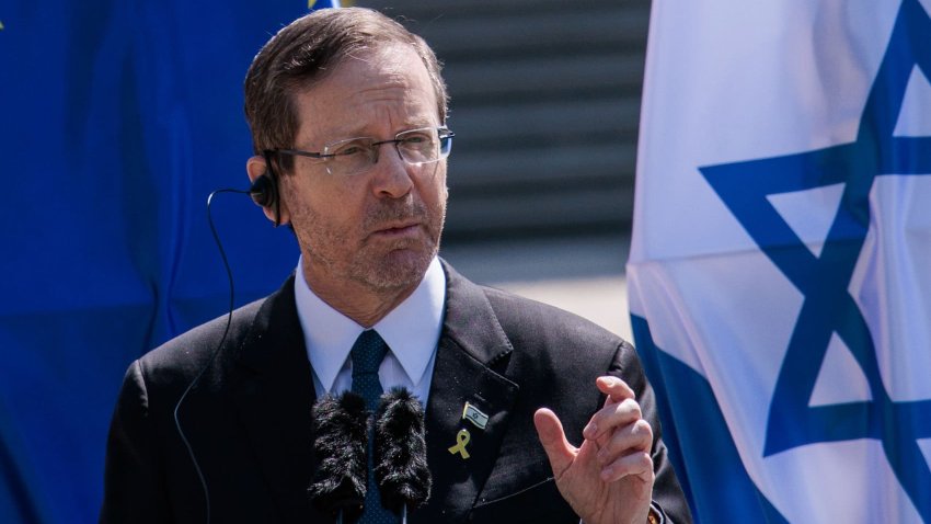 BERLIN, GERMANY – MAY 12: Israeli President Isaac Herzog speaks during a press conference with German President Frank-Walter Steinmeier (not pictured) at Schloss Bellevue presidential palace on May 12, 2025 in Berlin, Germany.
