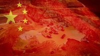Illustration of the national flag of the People’s Republic of China and a mining site.