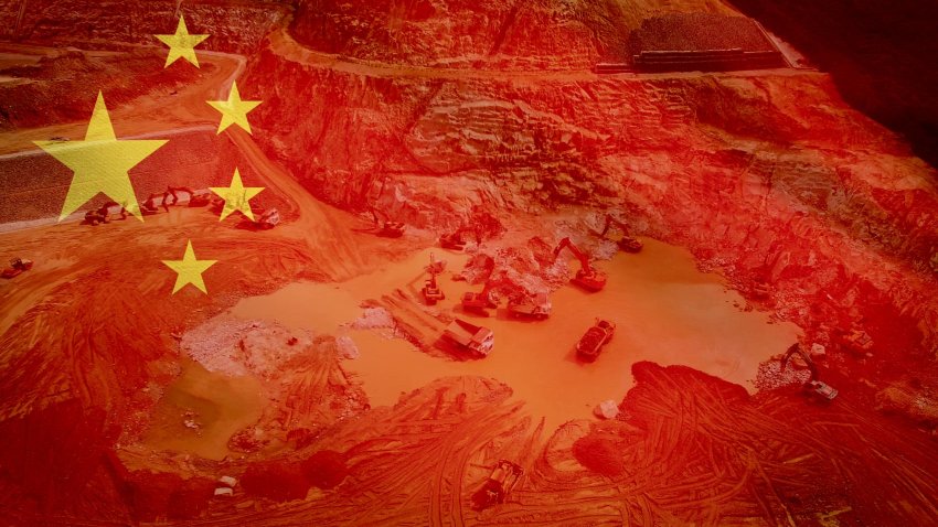 Illustration of the national flag of the People’s Republic of China and a mining site.