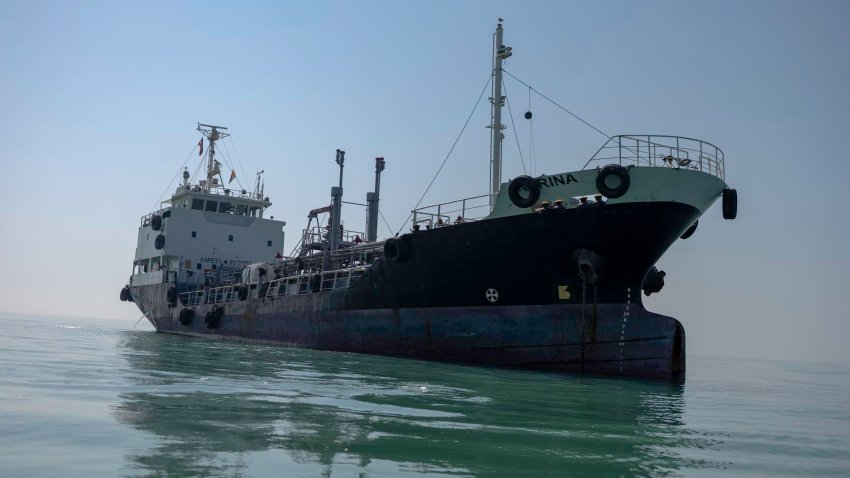 A large commercial ship floats off the coast in Bushehr, Iran, on January 15, 2025. Bushehr is Iran’s first nuclear seaport.
