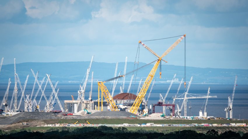 Cranes surround one of the two reactors being constructed at Hinkley Point C on September 27, 2024 in Bridgwater, England.