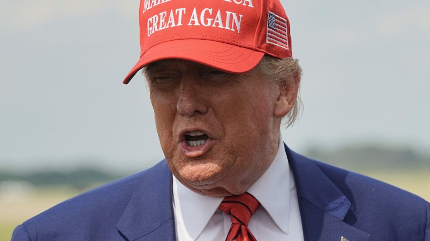 U.S. President Donald Trump talks to reporters upon his arrival at Morristown Municipal Airport in Morristown, New Jersey, U.S., June 20, 2025.