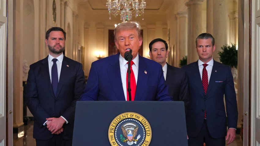 US President Donald Trump addresses the nation, alongside US Vice President JD Vance (L), US Secretary of State Marco Rubio (2nd R) and US Secretary of Defense Pete Hegseth (R), from the White House in Washington, DC on June 21, 2025, following the announcement that the US bombed nuclear sites in Iran.