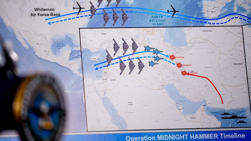 ARLINGTON, VIRGINIA – JUNE 22: An operational timeline of a strike on Iran is displayed during a news conference with Chairman of the Joint Chiefs of Staff Air Force Gen. Dan Caine and U.S. Defense Secretary Pete Hegseth at the Pentagon on June 22, 2025 in Arlington, Virginia. U.S. President Donald Trump gave an address to the nation last night after three Iranian nuclear facilities were struck by the U.S. military. (Photo by Andrew Harnik/Getty Images)