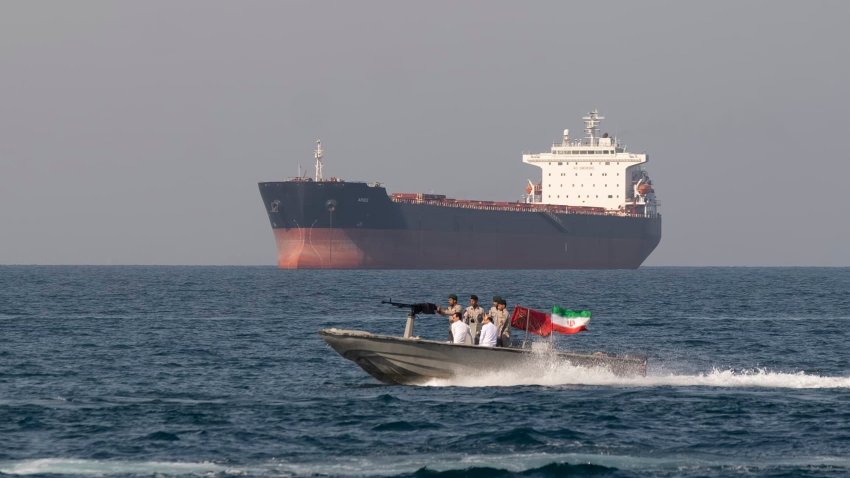 Iranian Navy soldiers at an armed speed boat in Persian Gulf near the strait of Hormuz about 1320km (820 miles) south of Tehran, April 30, 2019.