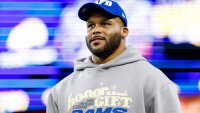 Former Los Angeles Rams defensive lineman Aaron Donald arrives to the stadium prior to an NFC Wild Card game against the Minnesota Vikings, at State Farm Stadium on January 13, 2025 in Glendale, Arizona.