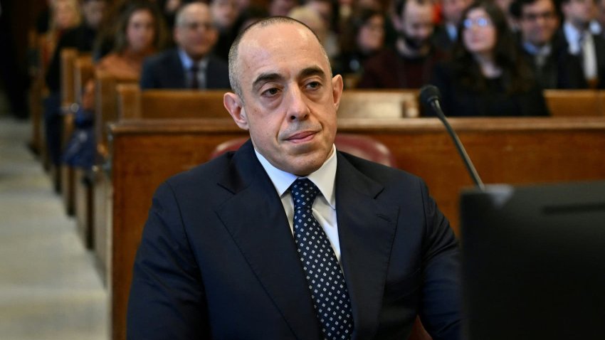 Attorney Emil Bove looks on as U.S. President-elect Donald Trump appears remotely for a sentencing hearing in front of New York State Judge Juan Merchan in the criminal case in which he was convicted in 2024 on charges involving hush money paid to a porn star, at New York Criminal Court in Manhattan in New York City, U.S., on January 10, 2025.