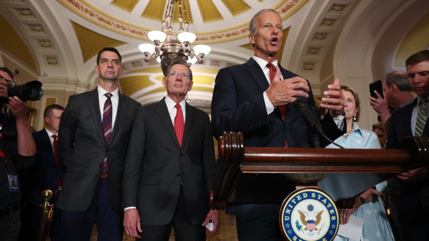 Senate Majority Leader John Thune (R-SD) speaks to reporters at Capitol Hill on June 24, 2025 in Washington.