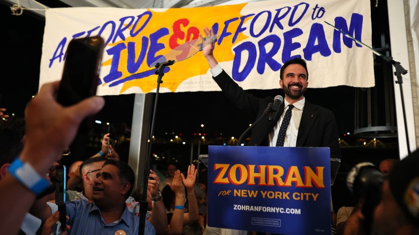 New York mayoral candidate, State Rep. Zohran Mamdani (D-NY) greets supporters during an election night gathering at The Greats of Craft LIC on June 24, 2025 in the Long Island City neighborhood of the Queens borough in New York City.