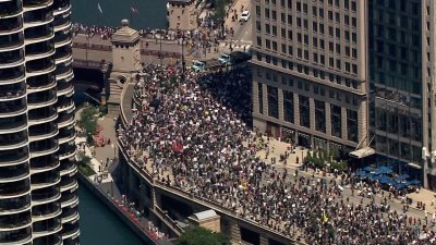 Aerial video shows thousands of ‘No Kings' protesters marching in downtown Chicago