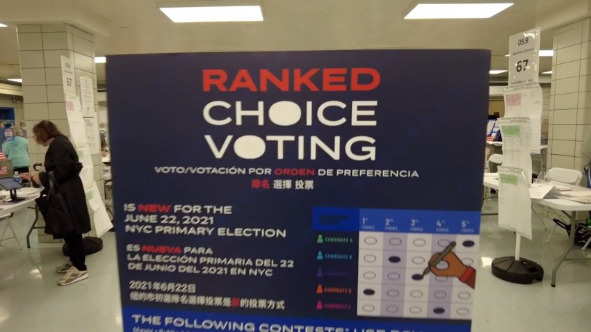 A sign at a polling place explaining ranked choice voting.