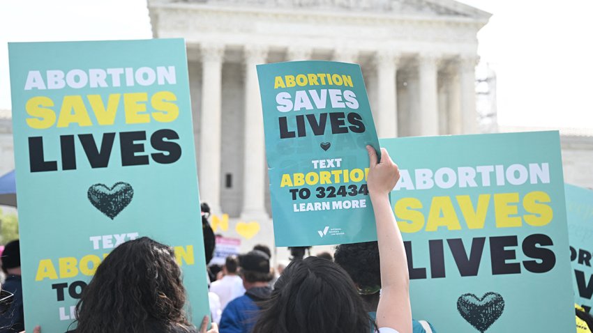 File - Pro-abortion activists rally for "reproductive rights and emergency abortion care" outside the U.S. Supreme Court on April 24, 2024.