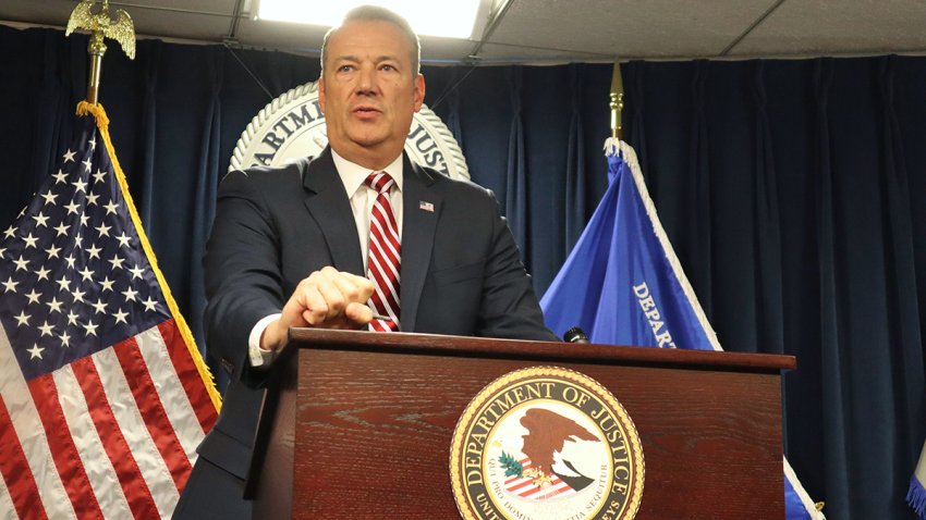 U.S. Immigration and Customs Enforcement Acting Director Todd Lyons announces that his agency took nearly 1,500 immigrants into custody in Massachusetts over the month of May during a news conference at the John Joseph Moakley U.S. Courthouse in Boston, Monday, June 2, 2025.