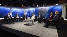 From left, New Jersey Rep. Josh Gottheimer; Newark Mayor Ras Baraka; Jersey City Mayor Steve Fulop; moderator NJ Spotlight News anchor Briana Vannozzi; moderator WNYC Morning Edition host Michael Hill; New Jersey Rep. Mikie Sherrill; and former state Senate President Steve Sweeney attend the New Jersey Democratic gubernatorial primary debate Monday, May 12, 2025, in Newark, N.J. (Steve Hockstein/NJ Advance Media via AP, Pool)