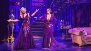 This image released by Polk & Co. shows Megan Hilty, left, and Jennifer Simard during a performance of "Death Becomes Her" in New York. (Matthew Murphy/Polk & Co. via AP)