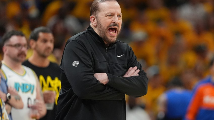 New York Knicks head coach Tom Thibodeau yells from the sideline during the first half of Game 6 of the Eastern Conference finals of the NBA basketball playoffs against the Indiana Pacers in Indianapolis, Saturday, May 31, 2025. (AP Photo/Michael Conroy)