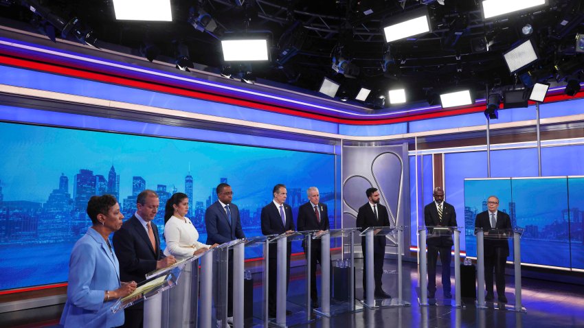 From left, Democratic mayoral candidates Adrienne Adams, Brad Lander, Jessica Ramos, Zellnor Myrie, Andrew Cuomo, Whitney Tilson, Zohran Mamdani, Michael Blake and Scott Stringer participate in a Democratic mayoral primary debate, Wednesday, June 4, 2025, in New York.