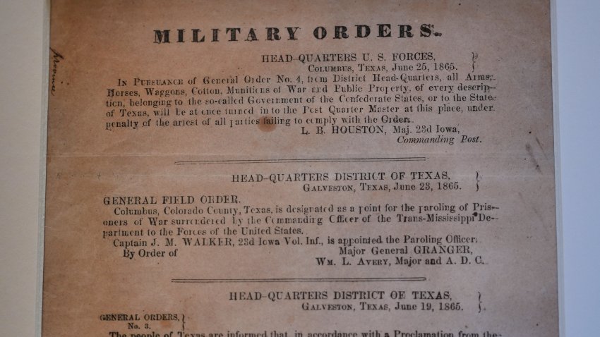A view of a section of the 1865 Juneteenth General Order No. 3 that is displayed by the Dallas Historical Society at the Fair Park Hall of State in Dallas, Friday, June 6, 2025.