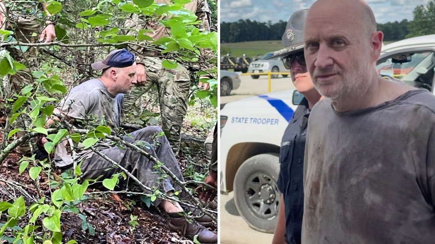 This combo of images released by the Arkansas Department of Corrections shows the recapture of escaped inmate Grant Hardin, an ex-police chief and convicted killer, by Arkansas law enforcement officers and the U.S. Border Patrol , Friday, June 6, 2025, near Moccasin Creek in Izard County,  about 1.5 miles (2.4 kilometers) northwest of Calico Rock prison. in Calico Rock, Ark.