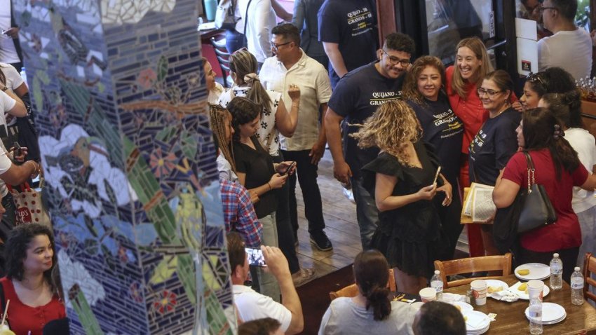 Rep. Mikie Sherrill, D-N.J., poses for photos after a "Get Out the Vote" rally, Saturday, June 7, 2025, in Elizabeth, N.J. (AP Photo/Heather Khalifa)