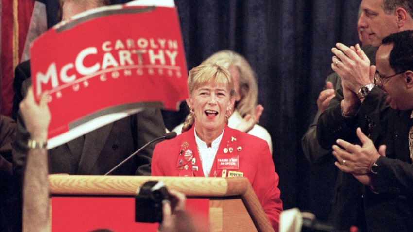FILE – Carolyn McCarthy makes her acceptance speech at Adelphi University in Garden City, N.Y., Nov. 5, 1996, after defeating incumbent Republican congressman Dan Frisa.