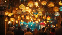 A captivating scene of golden lanterns hanging above a crowded street during an Islamic New Year celebration, conveying a sense of community, tradition, and festive spirit. The lights and bokeh create a warm atmosphere.