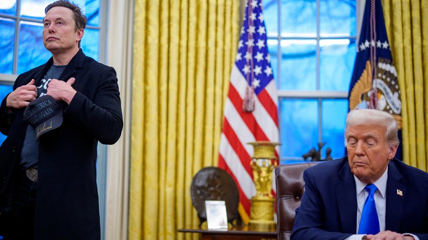 File - Elon Musk and U.S. President Donald Trump appear during an executive order signing in the Oval Office at the White House on Feb. 11, 2025.