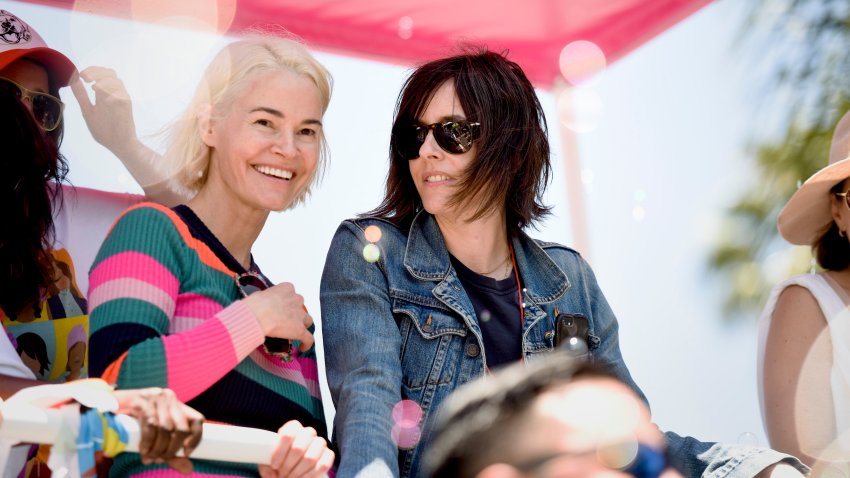WEST HOLLYWOOD, CALIFORNIA – JUNE 09: Actors Leisha Hailey (L) and Kate Moennig seen at the LA Pride Parade on June 09, 2019 in West Hollywood, California.