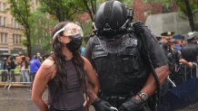 NEW YORK, US - JUNE 7: Police in New York intervened forcefully in a protest held in support of migrants detained by US Immigration and Customs Enforcement (ICE) on Saturday, June 7, detaining several demonstrators and using pepper spray to disperse the crowd. Protesters had gathered in the city center to denounce immigration policies and ongoing detentions. Police moved in when crowds refused to disperse, deploying pepper spray during clashes with demonstrators. Several protesters were injured during the confrontation and were transported to nearby hospitals by ambulance. Protesters called for the protection of migrant rights and an end to ICE detentions. (Photo by Selcuk Acar/Anadolu via Getty Images)