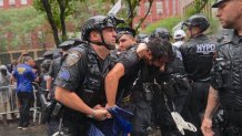 NEW YORK, US - JUNE 7: Police in New York intervened forcefully in a protest held in support of migrants detained by US Immigration and Customs Enforcement (ICE) on Saturday, June 7, detaining several demonstrators and using pepper spray to disperse the crowd. Protesters had gathered in the city center to denounce immigration policies and ongoing detentions. Police moved in when crowds refused to disperse, deploying pepper spray during clashes with demonstrators. Several protesters were injured during the confrontation and were transported to nearby hospitals by ambulance. Protesters called for the protection of migrant rights and an end to ICE detentions. (Photo by Selcuk Acar/Anadolu via Getty Images)