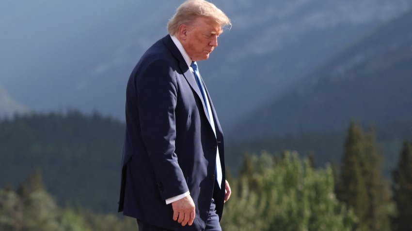 US President Donald Trump departs after a family photo during the Group of Seven (G7) Summit at the Kananaskis Country Golf Course in Kananaskis, Alberta, Canada on June 16, 2025. (Photo by Suzanne Plunkett / POOL / AFP) (Photo by SUZANNE PLUNKETT/POOL/AFP via Getty Images)