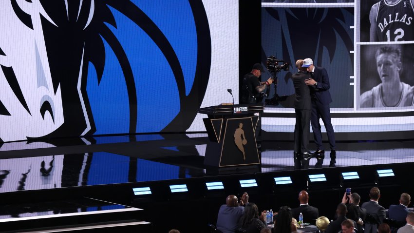 NEW YORK, NEW YORK – JUNE 25: Cooper Flagg hugs NBA commissioner Adam Silver after being drafted first overall by the Dallas Mavericks during the 2025 NBA Draft at Barclays Center on June 25, 2025 in the Brooklyn borough of New York City.