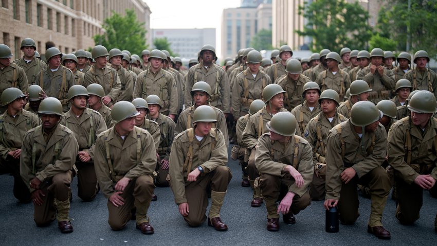 U.S. Army soldiers dressed in historic uniforms ahead of the U.S. Army's 250th Anniversary Parade in Washington, D.C., June 13, 2025.