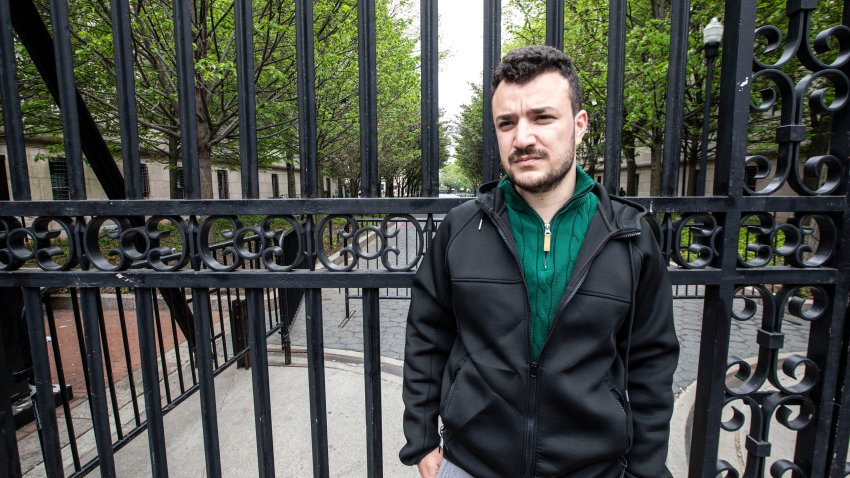Mahmoud Khalil, 29, a graduate student at Columbia University, was notified by the school that he has been suspended. He stood outside the gates of the campus in Manhattan April 30, 2024. Khalil was part of the encampment on campus, but did not take part in occupying Hamilton Hall.
 ORG XMIT: V2O-2404301207550180 (Via OlyDrop)