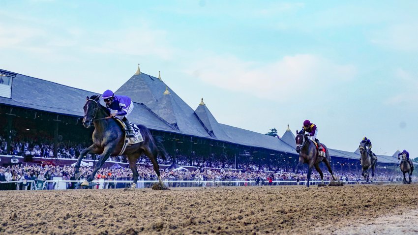 Jun 7, 2025; Saratoga, NY, USA;  Sovereignty with Junior Alvarado up wins the Belmont Stakes at Saratoga Race Course. Mandatory Credit: Gregory Fisher-Imagn Images