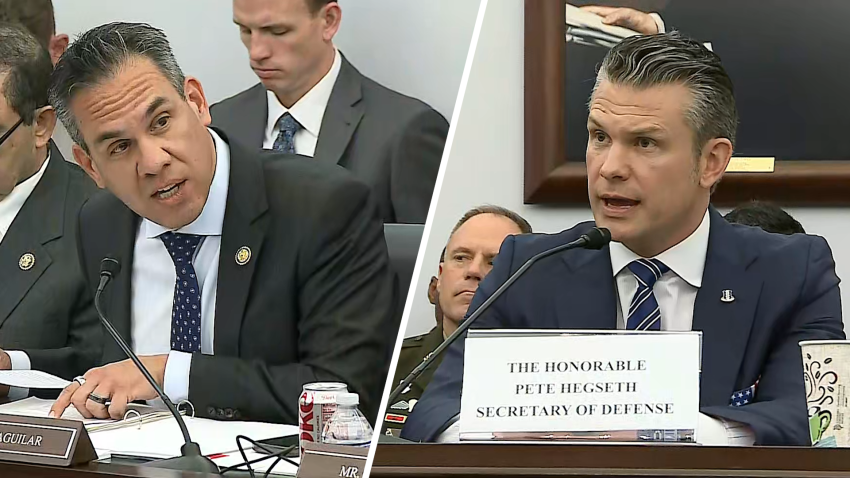 Split screen with Pete Aguilar on left and Pete Hegseth on right
